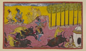 Lägg till 15296 (2) f.12r, Sugriva och hans apor, som ses överst till vänster, fortsätter att berätta för Rama och Laksmana historien om Bali och Dundubhi. Bali var så kraftfull att han kunde slita demonens lem från lem och sedan kasta kadavret upp i lufte av Indian School