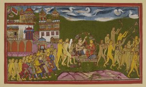 Add 15296 (2) f.43r, Sugriva och Laksmana transporteras i en gyllene kull, buren av apor, från Kiskindha av Indian School