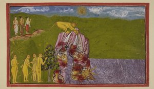 Lägg till 15296 (2) f.81r, På det stora havets stränder var aporna förskräckta över hur de kunde korsa den för att nå La?k?. Angada frågade dem alla hur långt de kunde hoppa, men ingen var säker på att hoppa så långt, förrän Jambavan uppmanade Hanuman, s av Indian School