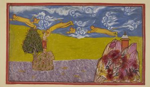 Lägg till 15296 (2) f.84r, Oförskräckt av havets bredd, sväller Hanuman sig själv till en ofantlig storlek och använder det fortfarande brinnande berget Mahendra som avfyringsramp och kastar sig ut i rymden och över havet till öriket La ?k?. The Ocean enco av Indian School