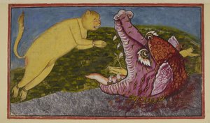 Lägg till 15296 (2) f.86r, Ormarnas mor Surasa, som bor på havets botten, pressad av gudarna för att testa Hanuman, har förvandlat sig själv till ett stort sjöodjur med mäktiga käkar, röda, lila och fanged. Hur brett hon än vidgar henne av Indian School