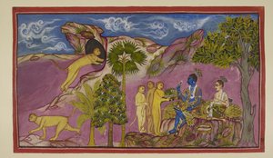 Lägg till 15296 (2) f.9r, Sugriva berättar för Rama att han har sett Sita bäras upp i en vagn av Ravana, kämpande och ropat namnen på Rama och Laksmana. När hon såg honom nedanför, släppte hon sina juveler och ett övre plagg. Sugriva springer till en grott av Indian School