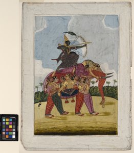 En elefant, sammansatt, uppbyggd av dansande kvinnor, fungerar som fäste för en bågskytt, ca 1825 (ogenomskinlig akvarell och guld på papper) av Indian School