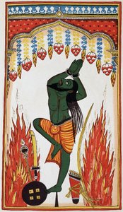 Aradjama, ber och gör bot för att få de vapen som kommer att göra honom oövervinnerlig, litho 1700-talet. av Indian School