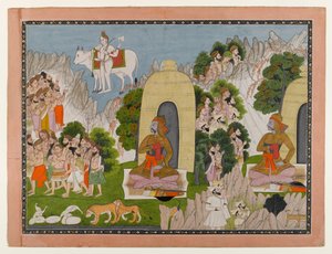Arjunas Penance, scen från en Mahabharata-serie, c.1825-40 (wc & guld på papper) av Indian School
