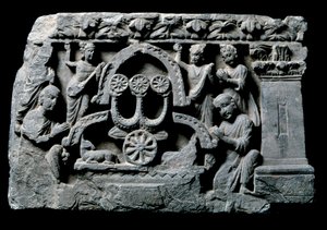 Art of Gandhara (eller grekisk-buddhism): "" Buddha i bön"" miraklet Sravasti (Shravasti eller Savatthi) (Praying Buddha, Sravastis mirakel) Relief av Gandhara-skolan - 2:a till 400-talet - Indian Museum, Calcutta Indien av Indian School