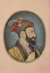 Aurangzeb Bahadur håller en iris, ca 1650 (ogenomskinlig wc & guld på papper) av Indian School