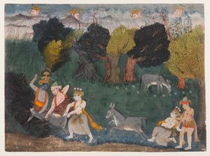 Balarama Kills the Ass Demon, sida från a Dispersed Bhagavata Purana Series, c.1725 (ogenomskinlig akvarell & silver på papper) av Indian School