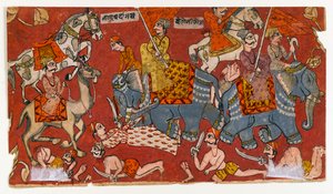Stridsscen från en Bhagavata Purana-serie, c.1625-50 (akvarell & guld på papper) (baksidan av 499329) av Indian School