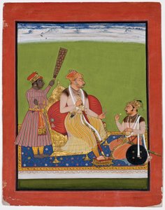 Bhao Singh tronade med en adelsman vid sina fötter, ca 1680 (ogenomskinlig wc & guld på papper) av Indian School