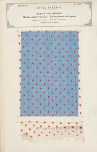 Bootee-muslinprov broderat med fläckar från Dacca i Bengalen, från The Collection of the Textile Manufacturers of India, av John Forbes Watson, publicerad 1866 av Indian School