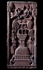 Buddhism: "" Mahaparinirva a ou parinirvana, slutet på Buddhas jordiska existens, når nirvana"" (Parinirvana, sista nirvana, som inträffar vid döden av Buddhas kropp) detail du stupa de Bharhut (Barhut, Barouth) Låg relief av svart av Indian School