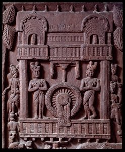 Buddhism: "" Prasenjits sista besök i Buddha" (Prasanjits sista besök i Buddha) detail du stupa de Bharhut (Barhut, Barouth) Lågrelief av svart sten, 2:a århundradet f.Kr. (2:a århundradet f.Kr.) - Kolkata, indiskt museum av Indian School