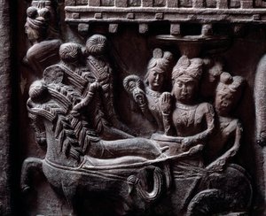 Buddhism: "" Prasenjits sista besök i Buddha" (Prasanjits sista besök i Buddha) detail du stupa de Bharhut (Barhut, Barouth) Lågrelief av svart sten, 2:a århundradet f.Kr. (2:a århundradet f.Kr.) - Kolkata, indiskt museum av Indian School