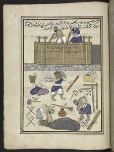 Byggare av lerväggar,  86 teckningar inbundna i en volym som visar yrken och yrken i Kashmir, hantverkare visas i arbete med sina redskap och utrustning,  Av en Kashmir-konstnär, troligen i Srinagar, ca 1850-60 (gouache på papper) av Indian School