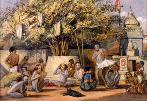Byragis, hinduiska religiösa predikanter som förbereder sig för en festival, Beach Candy, Bombay av Indian School