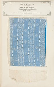 Chikan broderat muslinprov från Dacca i Bengalen, från The Collection of the Textile Manufacturers of India, av John Forbes Watson, publicerad 1866 av Indian School