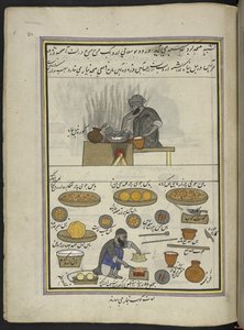 lagad mat och kawabtillverkare,  86 teckningar inbundna i en volym som visar yrken och yrken i Kashmir, hantverkare visas i arbete med sina redskap och utrustning,  Av en Kashmir-konstnär, troligen i Srinagar, ca 1850-60 (gouache på papper) av Indian School
