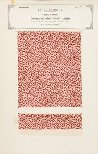 Bomullsprov med chetee (chintz) tryck från Arcot i Madras, från The Collection of the Textile Manufacturers of India, av John Forbes Watson, publicerad 1866 av Indian School