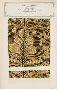 Bomullsprov med chetee (chintz) tryck från Arcot i Madras, från The Collection of the Textile Manufacturers of India, av John Forbes Watson, publicerad 1866 av Indian School