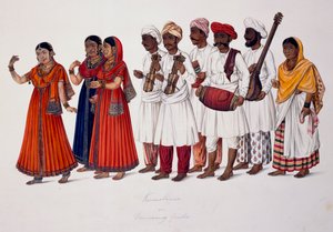 Dansande flickor och musiker, ca 1828 (färg litho) av Indian School