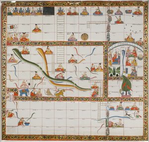 Design för spelet Snakes and Ladders, 1800 (gouache på papper monterad på tyg) av Indian School