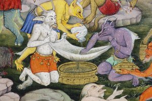 Detalj från Demons in a Wild Landscape, ca 1600 (ogenomskinlig wc & guld på papper) av Indian School