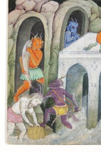 Detalj från Demons in a Wild Landscape, ca 1600 (ogenomskinlig wc & guld på papper) av Indian School