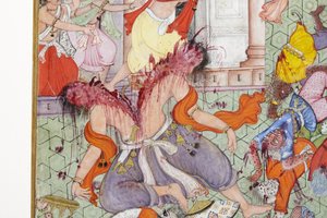 Detalj från Krishna klyver demonen Narakasura med sin diskus, ca 1585-90 (ogenomskinlig wc & guld på papper) av Indian School