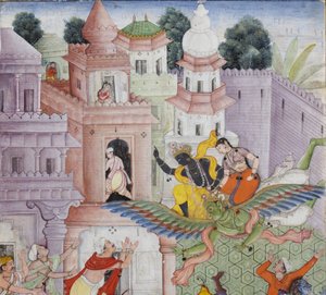 Detalj från Krishna klyver demonen Narakasura med sin diskus, ca 1585-90 (ogenomskinlig wc & guld på papper) av Indian School
