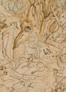 Detalj från Majnun i vildmarken, ca 1595 (ogenomskinlig wc & guld på papper) av Indian School