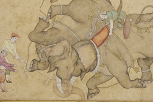 Detalj från en elefantstrid, med blommig arabesk på kanten, ca 1610 (ogenomskinlig wc & guld på papper) av Indian School