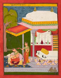 Dhanasri Ragini, folio från en Ragamala, ca av Indian School