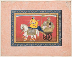 Dialog mellan Krishna och Arjuna på slagfältet i Kurukshetra, ca 1820 (ogenomskinlig akvarell och guld på papper) av Indian School