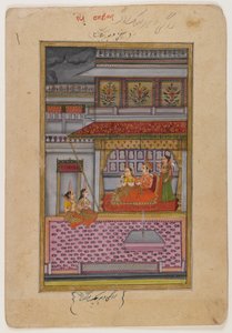 Dipaka Raga, sida från en spridd Ragamala-serie, ca 1800 (wc & guld på papper) av Indian School