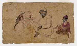 Ritning av tre sittande figurer, ca 1750 (bläck & färg på papper) av Indian School