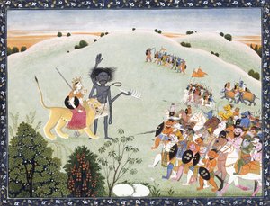 Durga och Kali står inför den framryckande skaran av demoner, ca 1800-1820 av Indian School