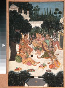 Åtta kvinnor och ett barn på en palatsterrass, ca 1760 (ogenomskinlig wc på papper) av Indian School