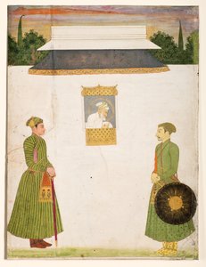 Kejsar Aurangzeb vid ett jharokha-fönster, två adelsmän i förgrunden, ca 1710 (ogenomskinligt wc guld på papper) av Indian School