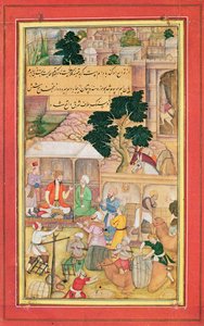 Kejsar Babur (r.1526-30) i samtal med en gammal man, 1400-1600-talet av Indian School