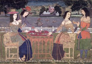 Européer som fräschar upp sig på en balkong, Mughal, möjligen Deccan (ogenomskinlig wc på papper) av Indian School