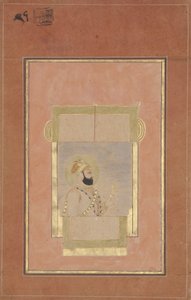 Farrukh Siyyar sittande vid ett fönster, med en guldsarpech, ca 1715 (ogenomskinlig wc & guld på papper) av Indian School