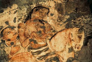 Figur av en kvinna på ryggen av en häst, Väggmålning i Ajanta-grottorna (nummer 1), Gupta-perioden, 500-600-talet (målning) av Indian School