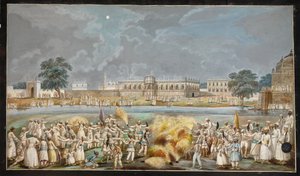 Fyrverkeri på en ljus månbelyst natt utanför Agna Mahal, en del av Nawabs palats bredvid floden i Murshidabad, ca 1790-1800 (akvarell på papper) av Indian School