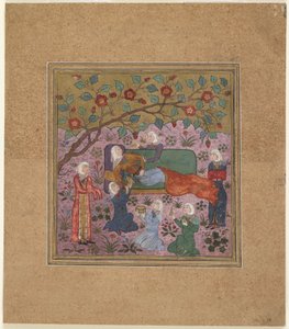 Folio från en Shahnama (Kungarnas bok) av Firdawsi (d.1020); En liggande kvinna omgiven av skötare (ogenomskinlig akvarell, bläck och guld på papper) av Indian School