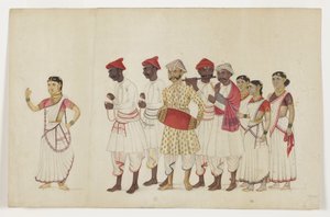 Fyra kvinnliga dansare i procession med musiker, ca 1830 (ogenomskinlig wc & guld på papper) av Indian School