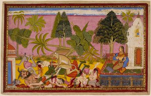 Hanumān attackerar demonerna, förstör lustgården och besegrar Rāvaṇas styrkor medan Sītā ser på. 1653 (miniatyr) av Indian School