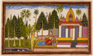 Hanumān visar sig för Sītā och erbjuder sig att rädda henne, men hon insisterar på att endast Rāma kan göra det och ger honom en juvel för Rāma. 1653 (miniatyr) av Indian School