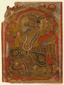 Harinegameshin bär embryot, fragment av ett blad från en spridd Kalpasutra (wc & guld på papper) av Indian School