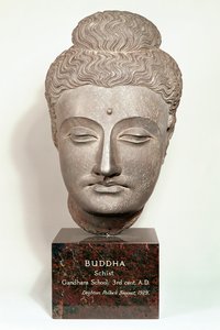 Huvud från en staty av Buddha, från Gandhara, nordvästra Indien (grå skiffer)